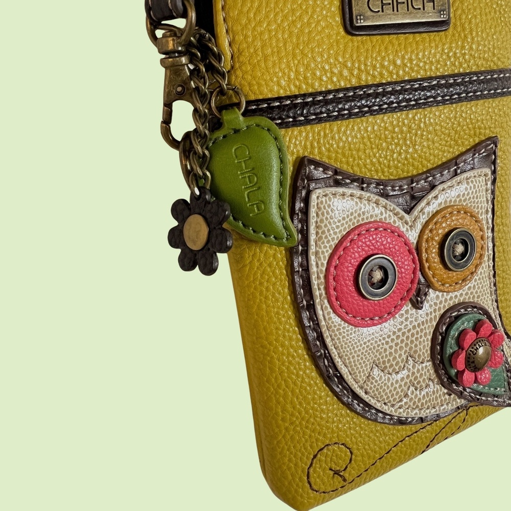 CHALA Crossbody Cell Phone Gold Vegan Pebbled Leather Bag Wide Eyed Owl - Picture 3 of 14